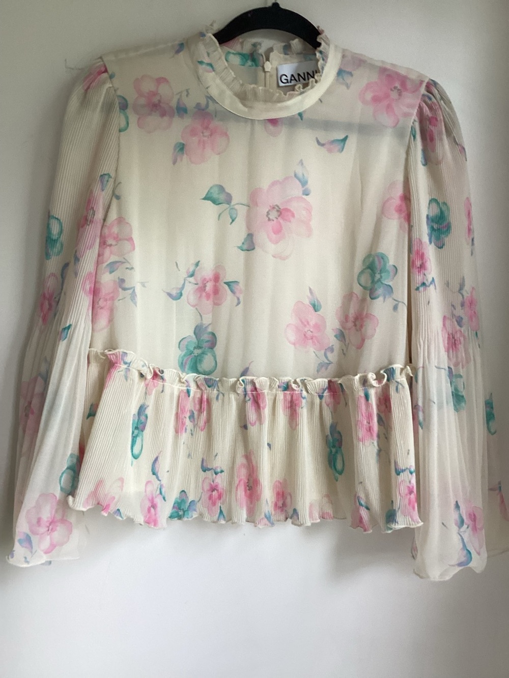 GANNI Floral Pleated Chiffon Peplum Blouse Medium Pastel Sheer Ruffle Neckline